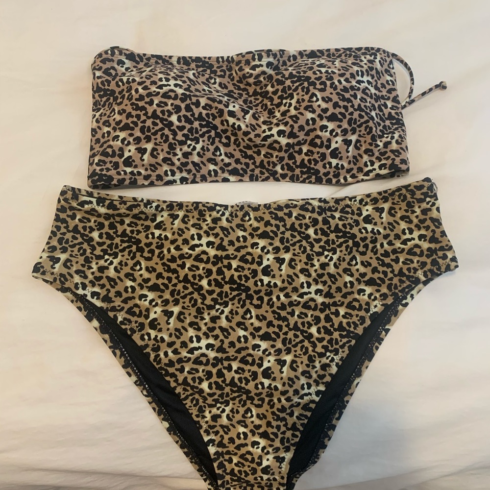Leopard bandeau high waisted bikini set